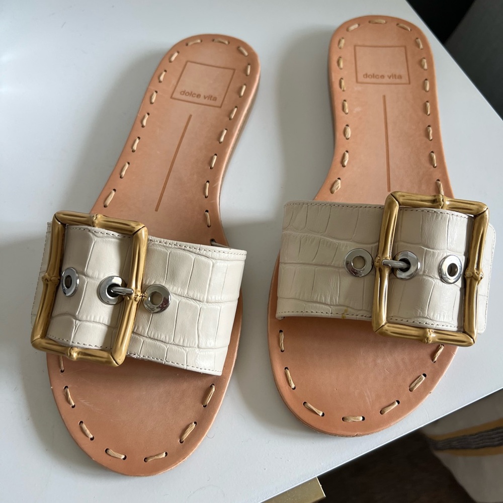 Dolce Vita Beige Slides with Gold Accents